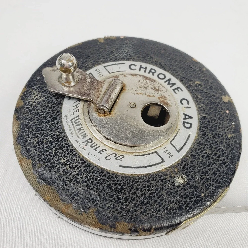 Vintage Lufkin Rule Co. Chrome Clad Leader 50 Foot Steel Tape Measure WORKING